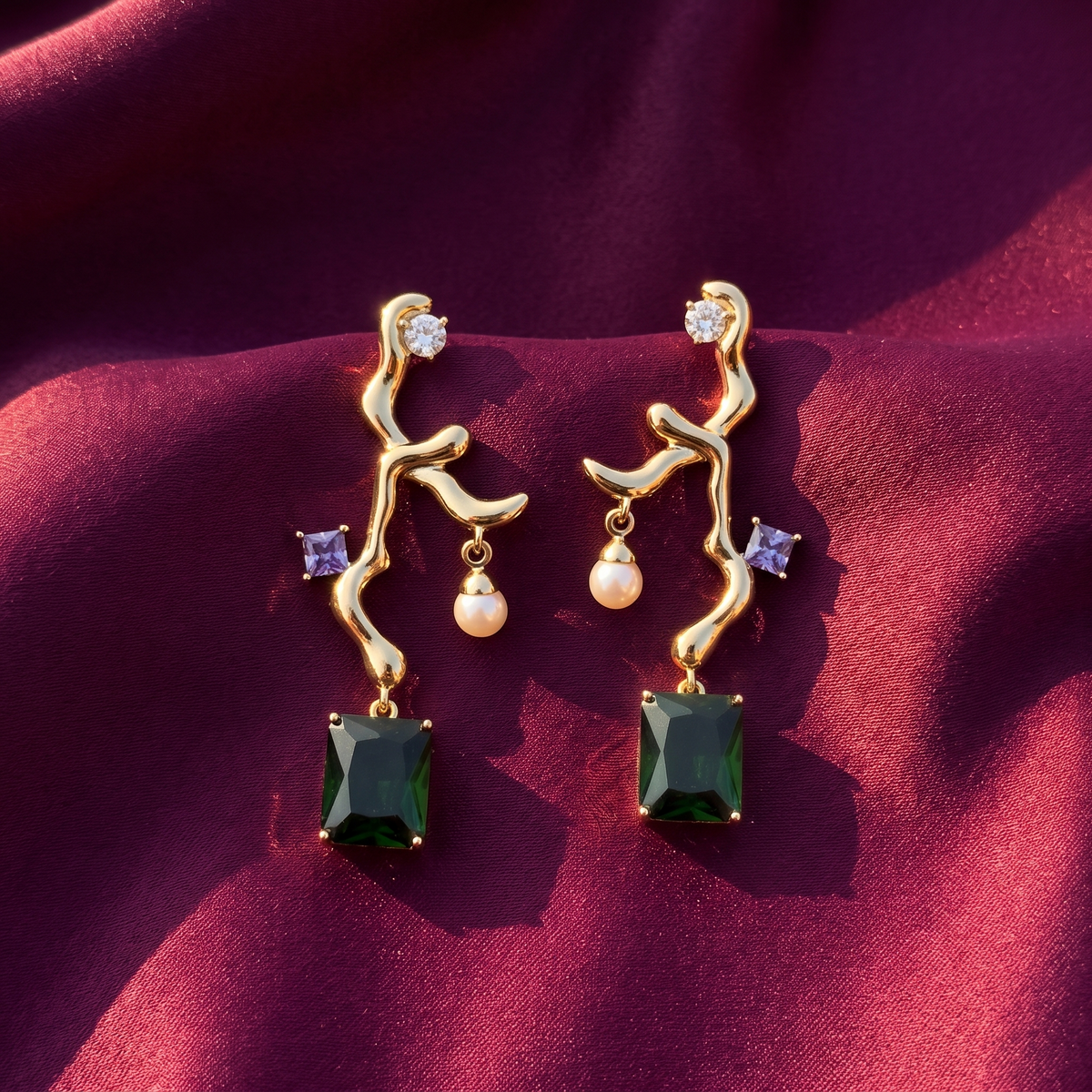 Gold Branch Drop Earrings – Green Crystal & Faux Pearl, Anti-Tarnish