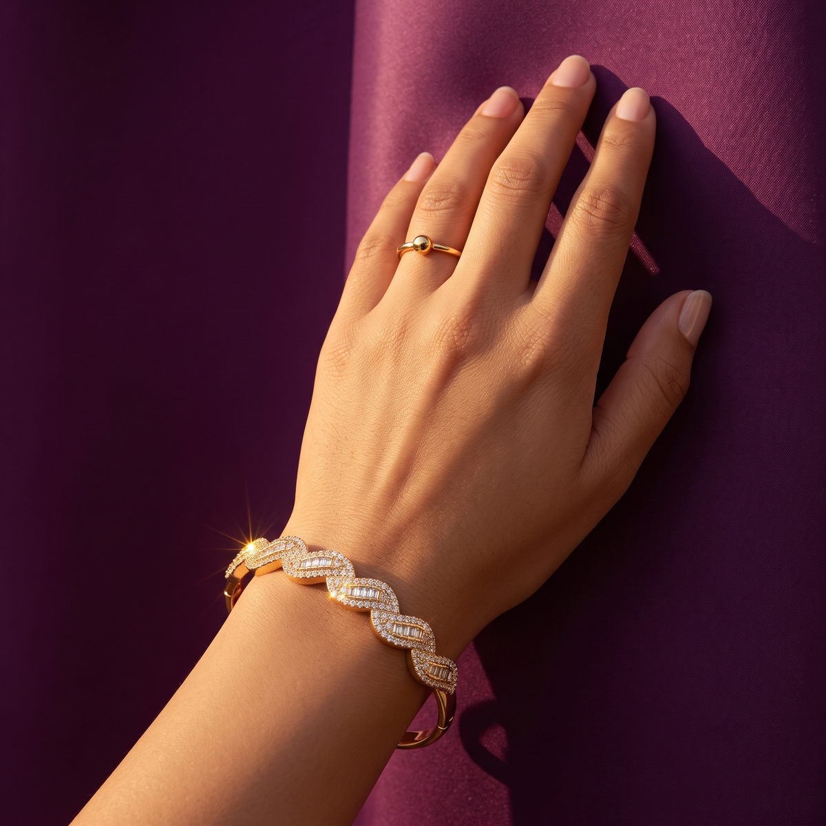 Gold Twisted Baguette Crystal Bangle | S.W.ANJ