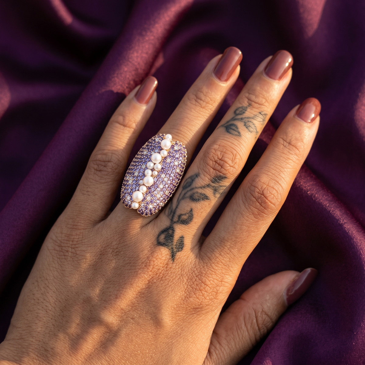Gold Lilac Pavé Cocktail Ring – Faux Pearl Cascade, Anti-Tarnish