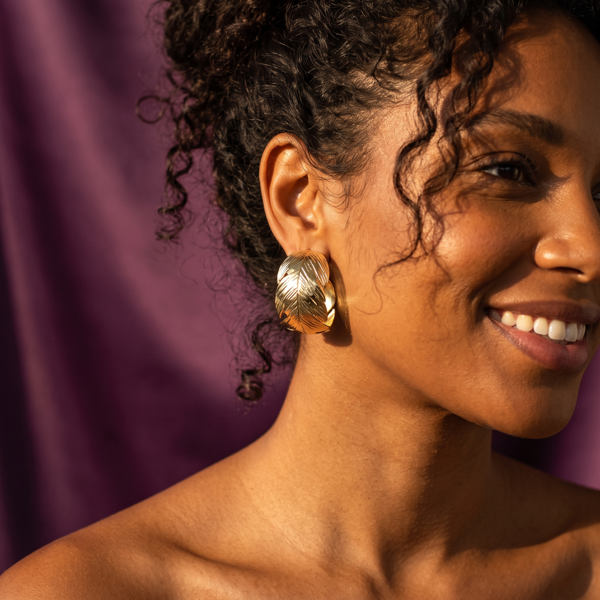 Gold Engraved Leaf Wide Hoop Earrings | S.W.ANJ