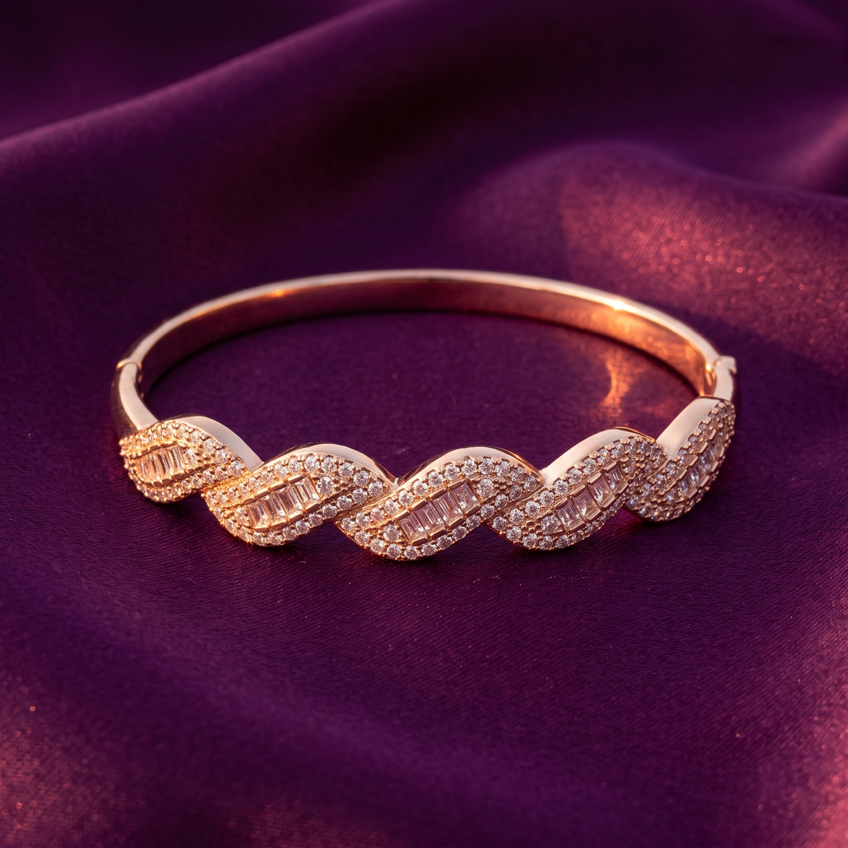 Gold Twisted Baguette Crystal Bangle | S.W.ANJ