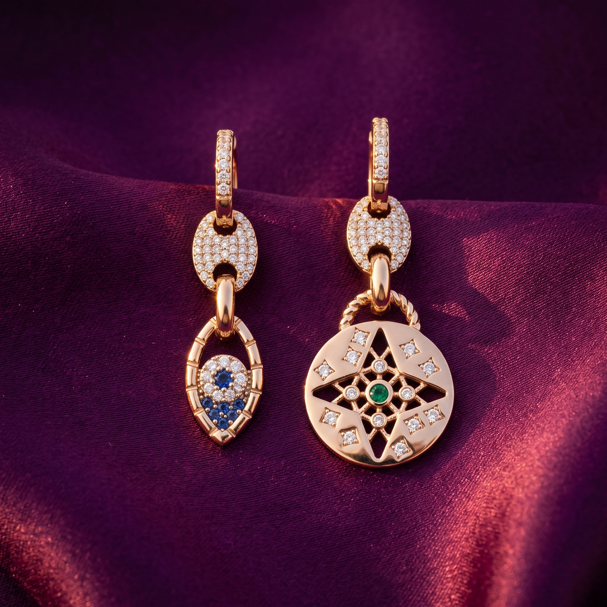 Mismatched Charm Huggie Earrings, Evil Eye & Star | S.W.ANJ