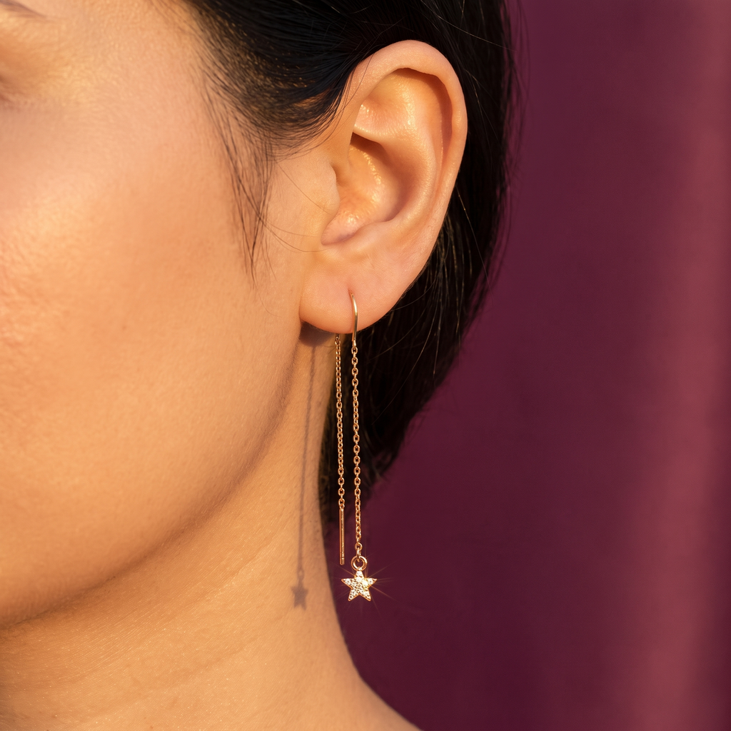 Gold Star Threader Earrings – Long Chain with Pavé Crystal Star, Anti-Tarnish