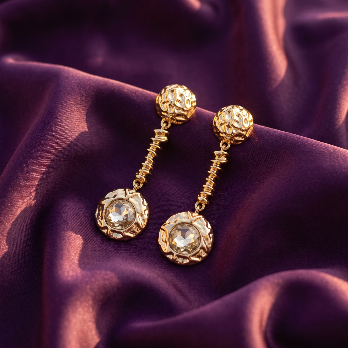 Gold Long Drop Earrings with Crystal Disc | S.W.ANJ