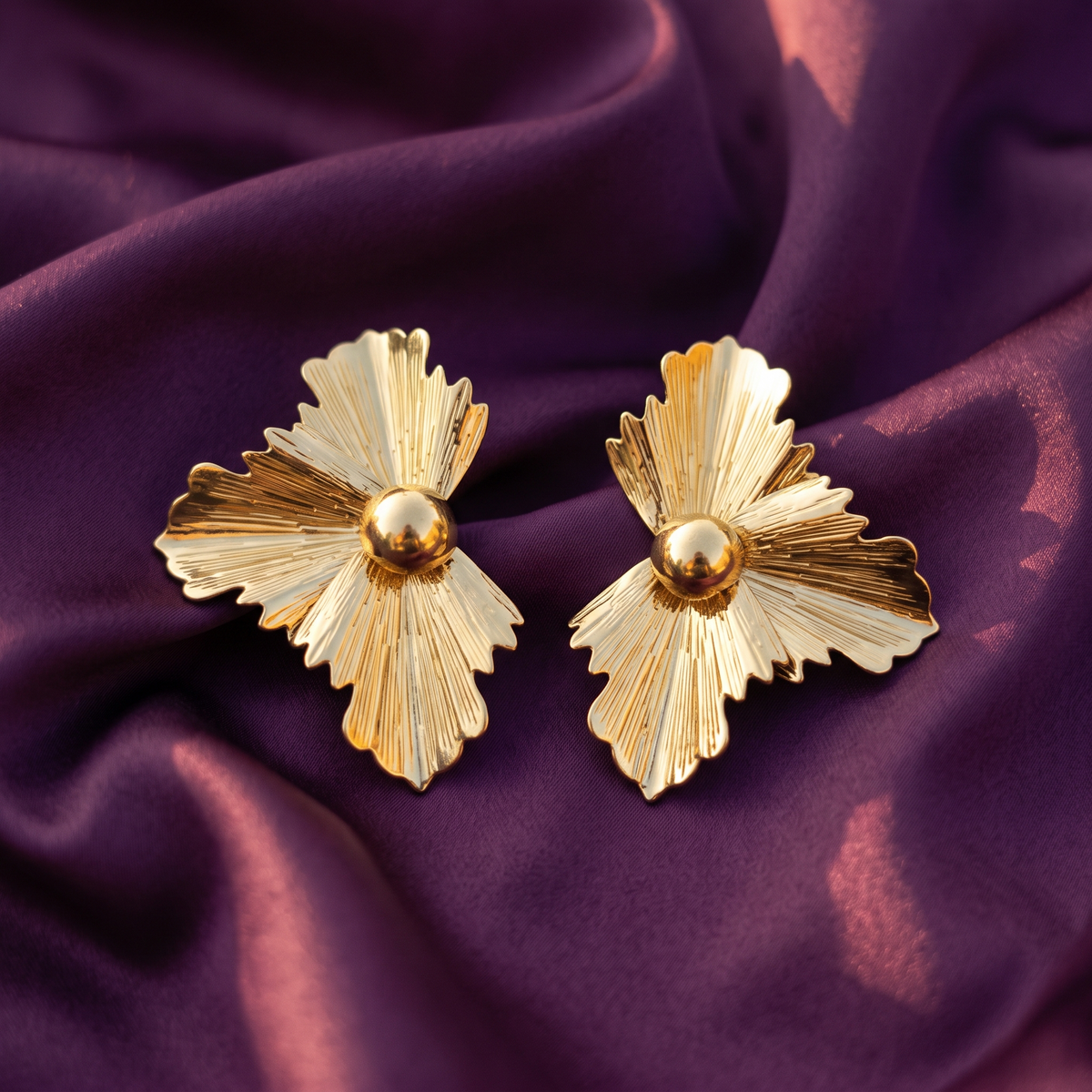 Gold Pleated Flower Statement Earrings | S.W.ANJ