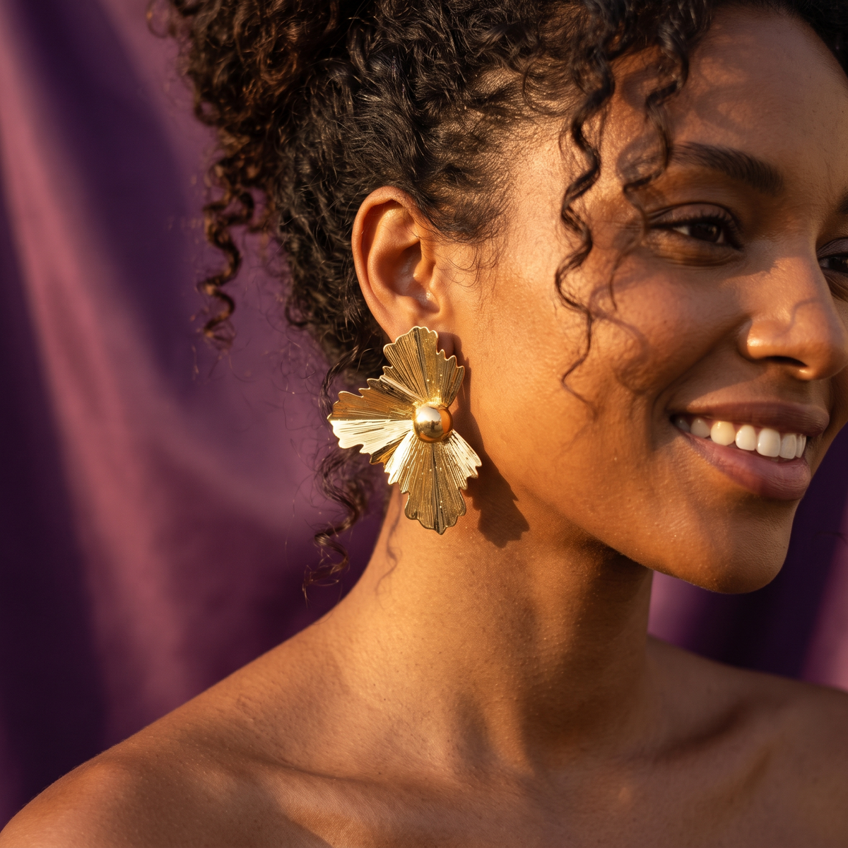 Gold Pleated Flower Statement Earrings | S.W.ANJ