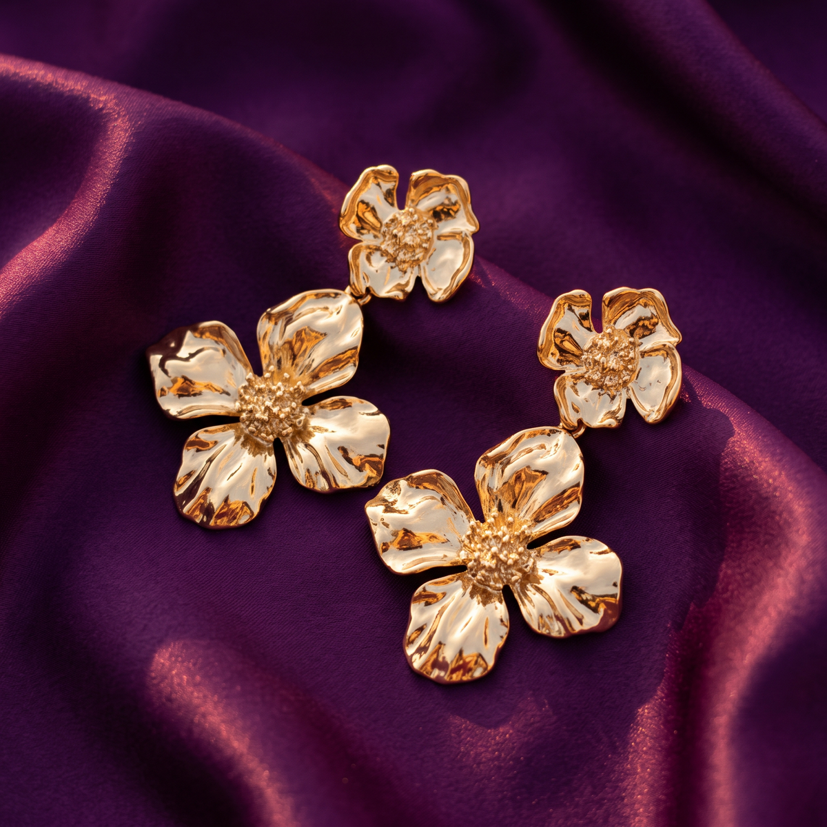 Gold High-Polish Floral Drop Earrings | S.W.ANJ