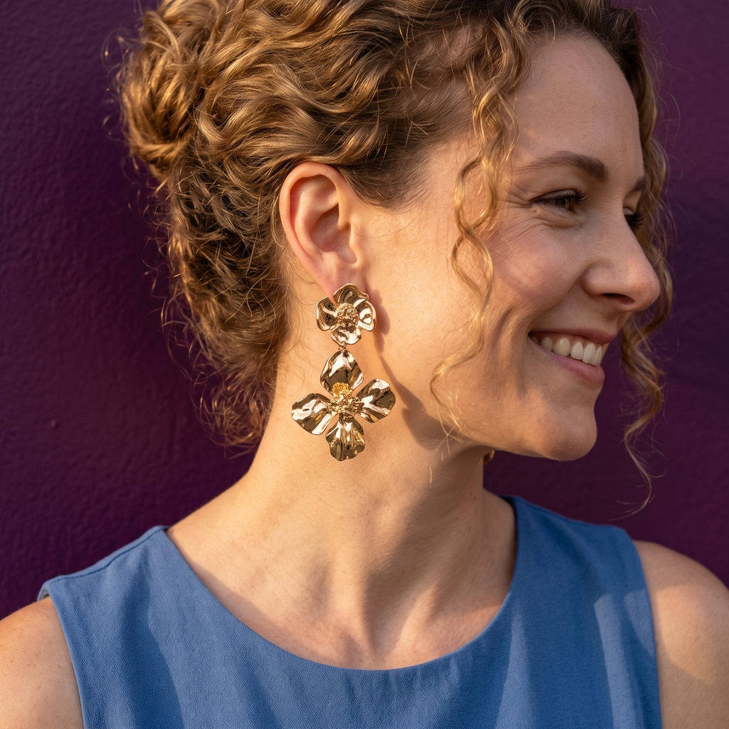 Gold High-Polish Floral Drop Earrings | S.W.ANJ