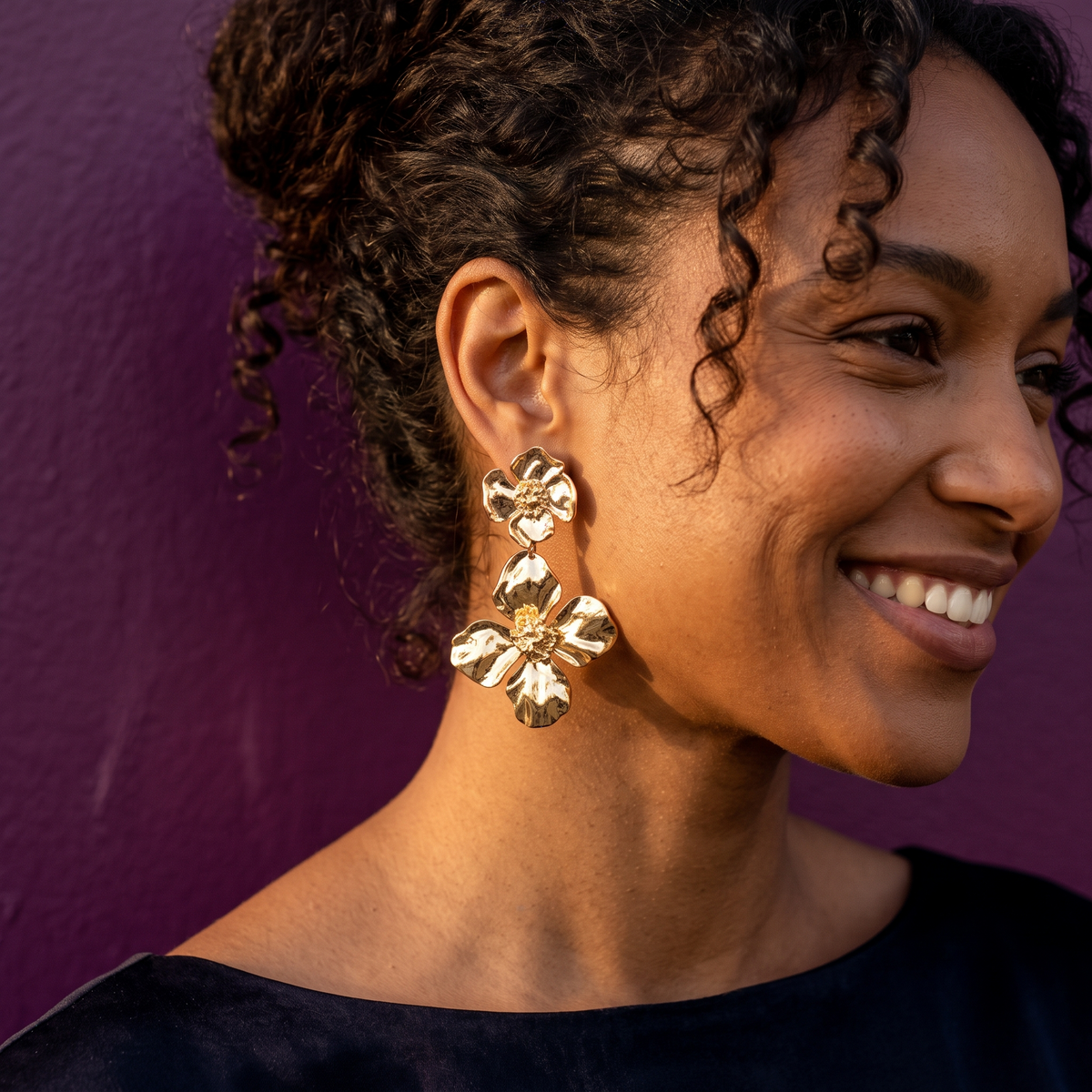 Gold High-Polish Floral Drop Earrings | S.W.ANJ