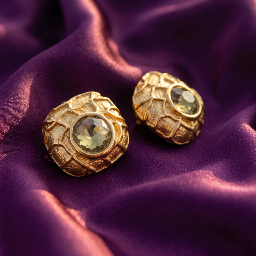 Gold Textured Cushion Stud Earrings with Crystal | S.W.ANJ