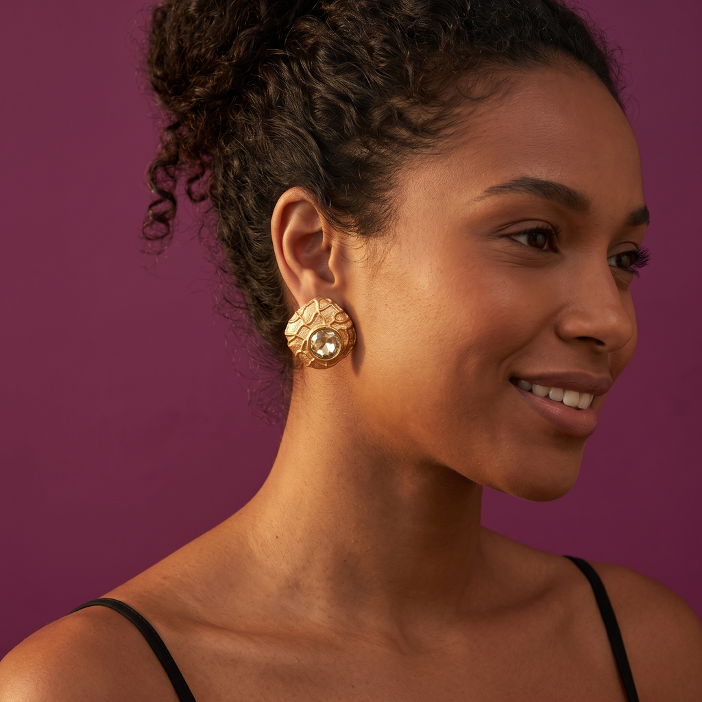 Gold Textured Cushion Stud Earrings with Crystal | S.W.ANJ
