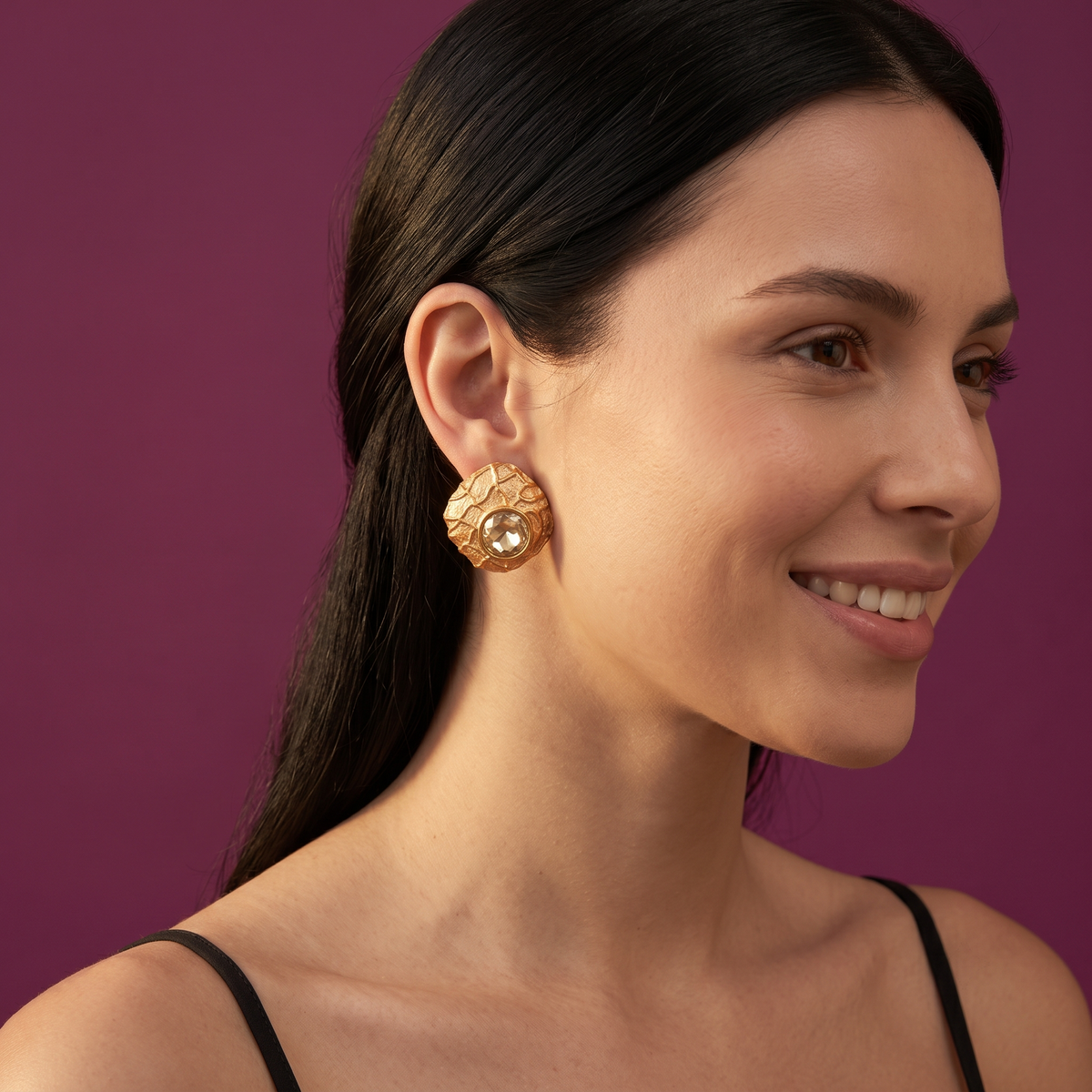 Gold Textured Cushion Stud Earrings with Crystal | S.W.ANJ