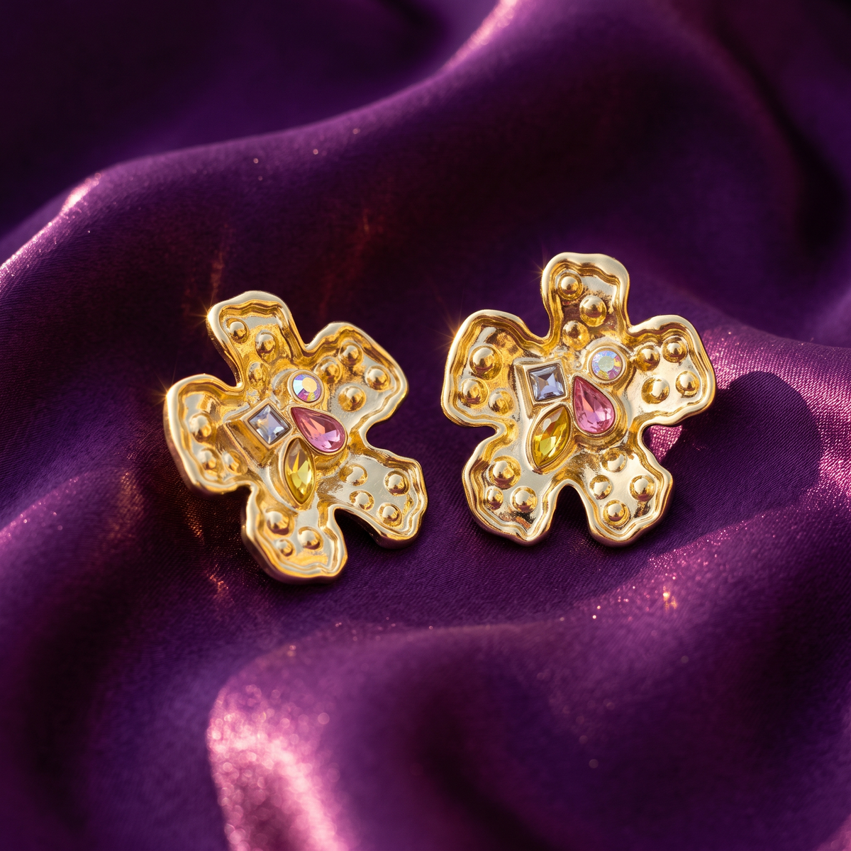 Gold Hammered Flower Stud Earrings with Pink Crystal | S.W.ANJ