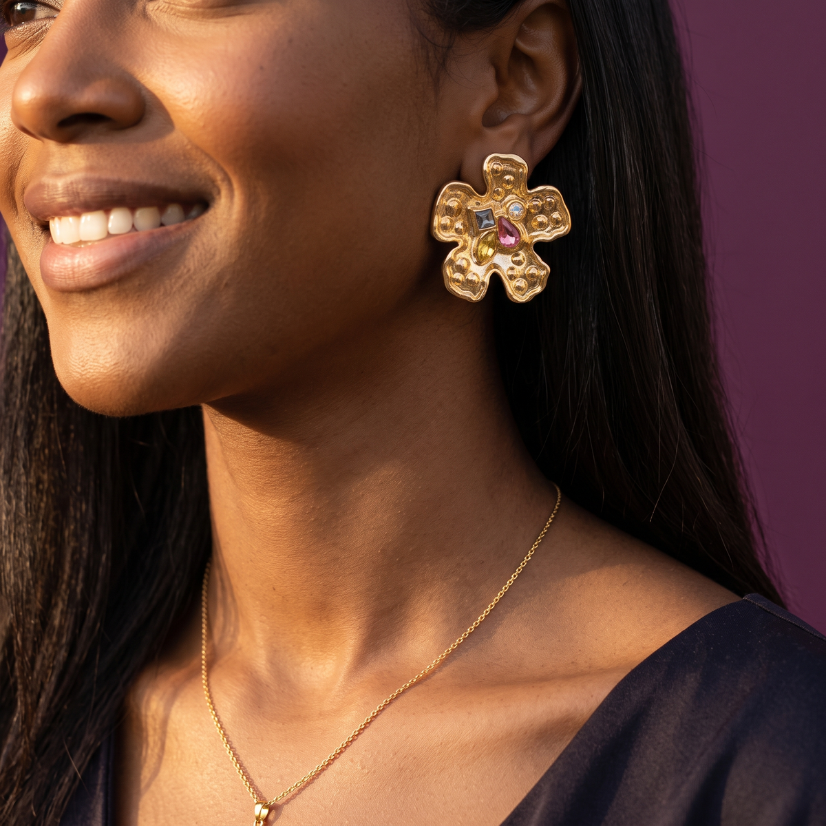 Gold Hammered Flower Stud Earrings with Pink Crystal | S.W.ANJ