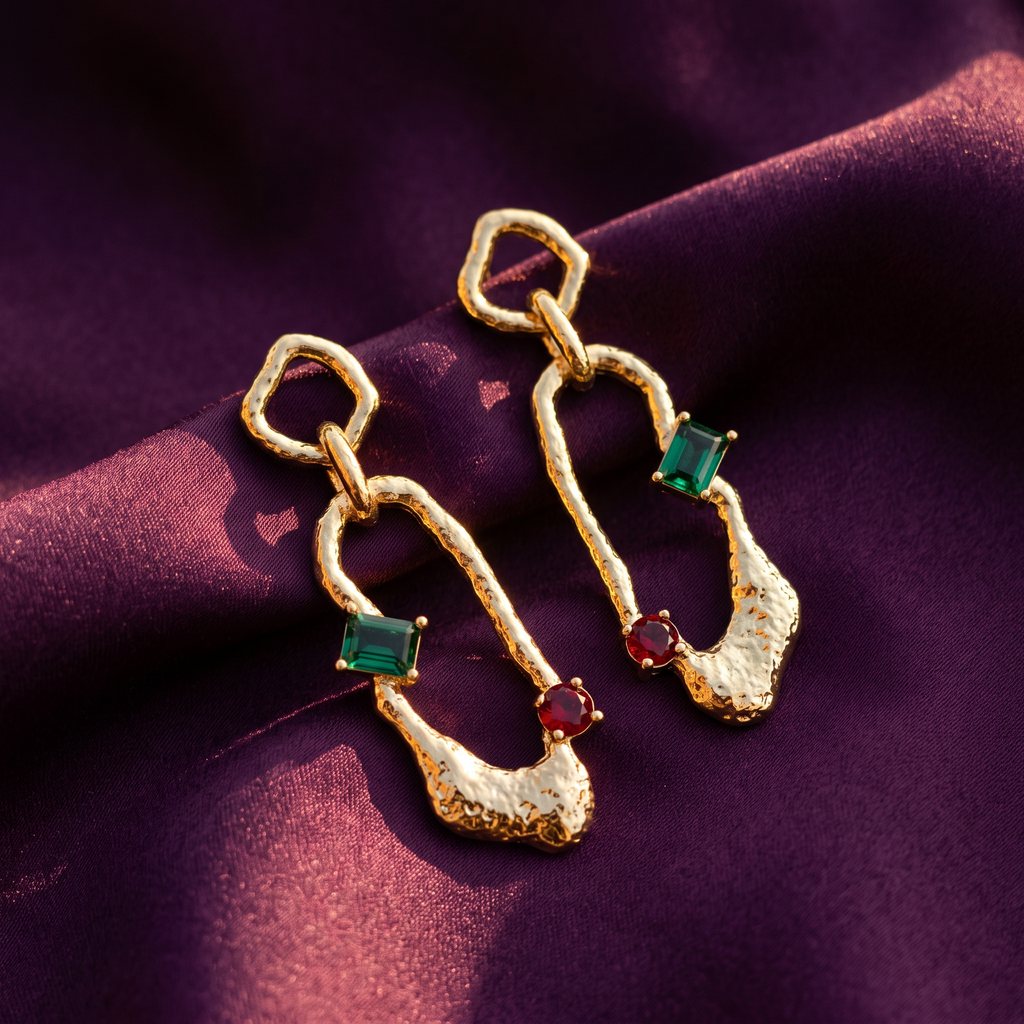 Gold Organic Frame Drop Earrings with Green & Red Crystals | S.W.ANJ