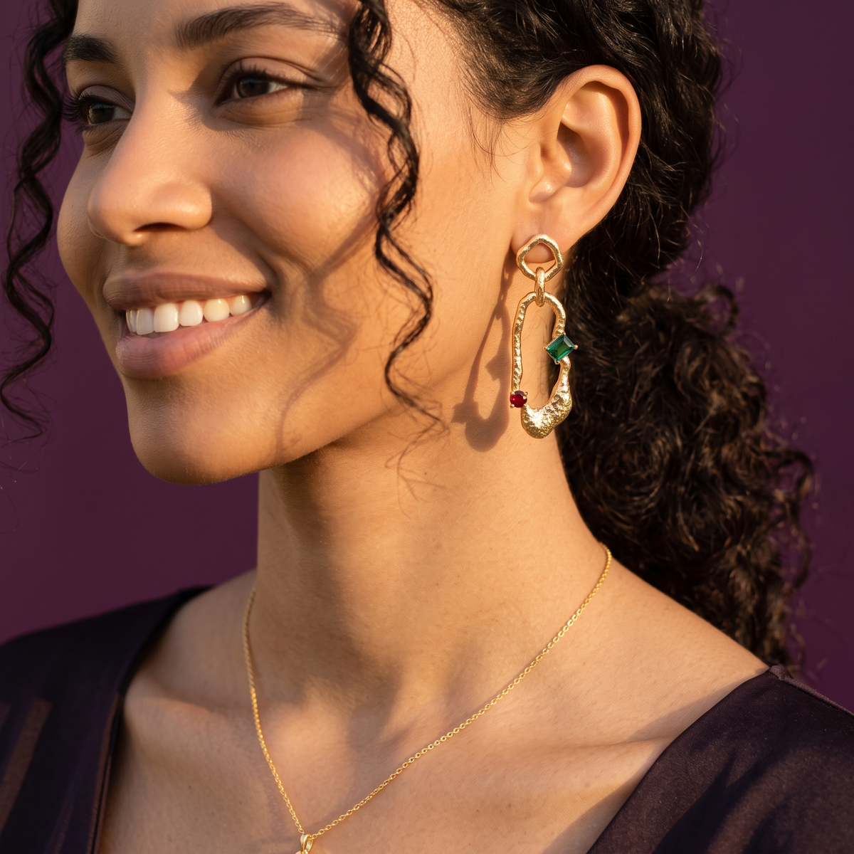 Gold Organic Frame Drop Earrings with Green & Red Crystals | S.W.ANJ