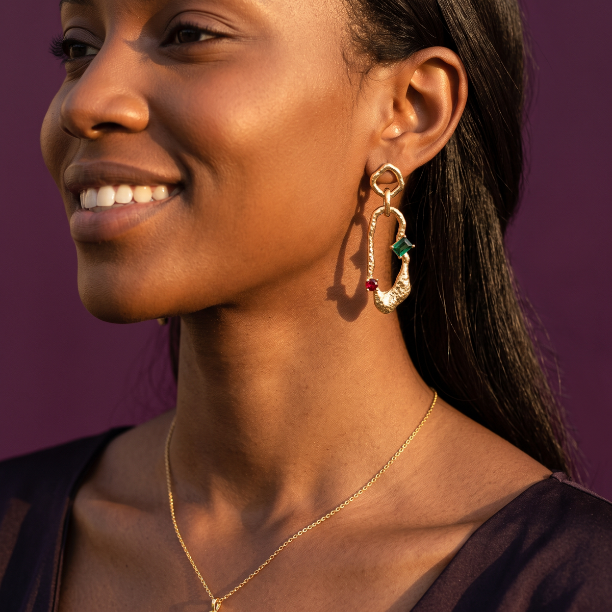 Gold Organic Frame Drop Earrings with Green & Red Crystals | S.W.ANJ