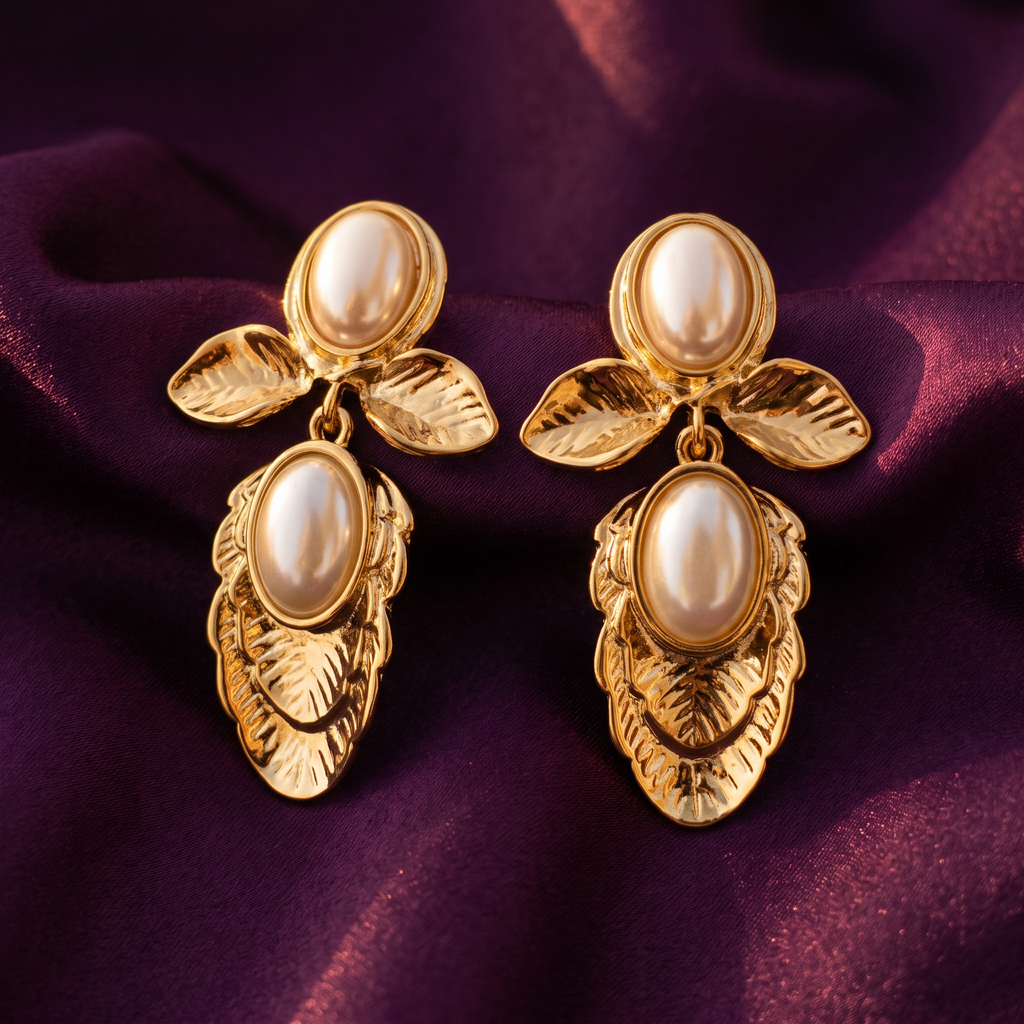 Gold Leaf Drop Earrings with Oval Pearls | S.W.ANJ