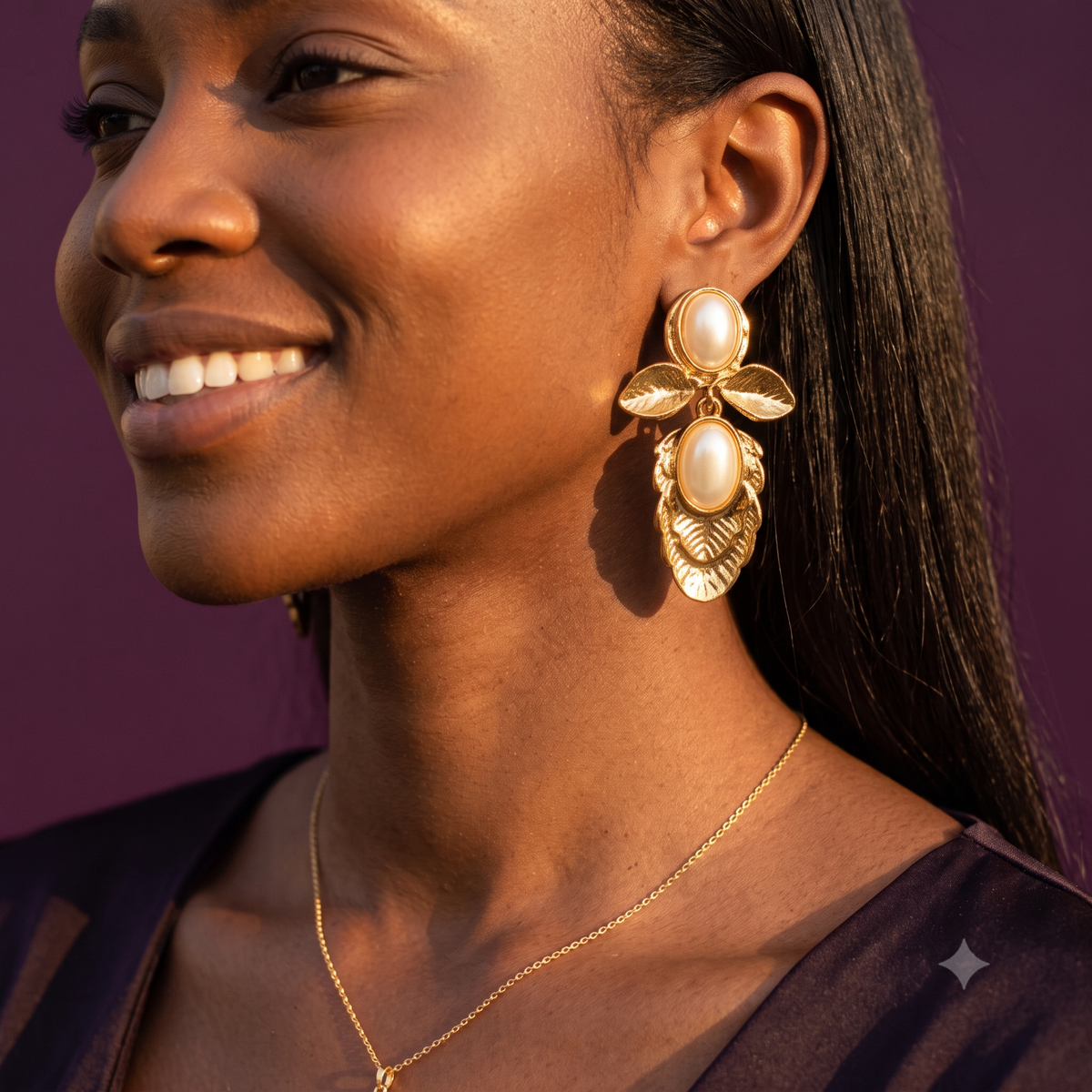 Gold Leaf Drop Earrings with Oval Pearls | S.W.ANJ
