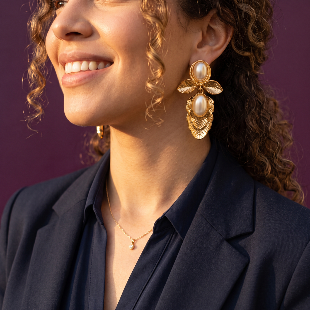 Gold Leaf Drop Earrings with Oval Pearls | S.W.ANJ