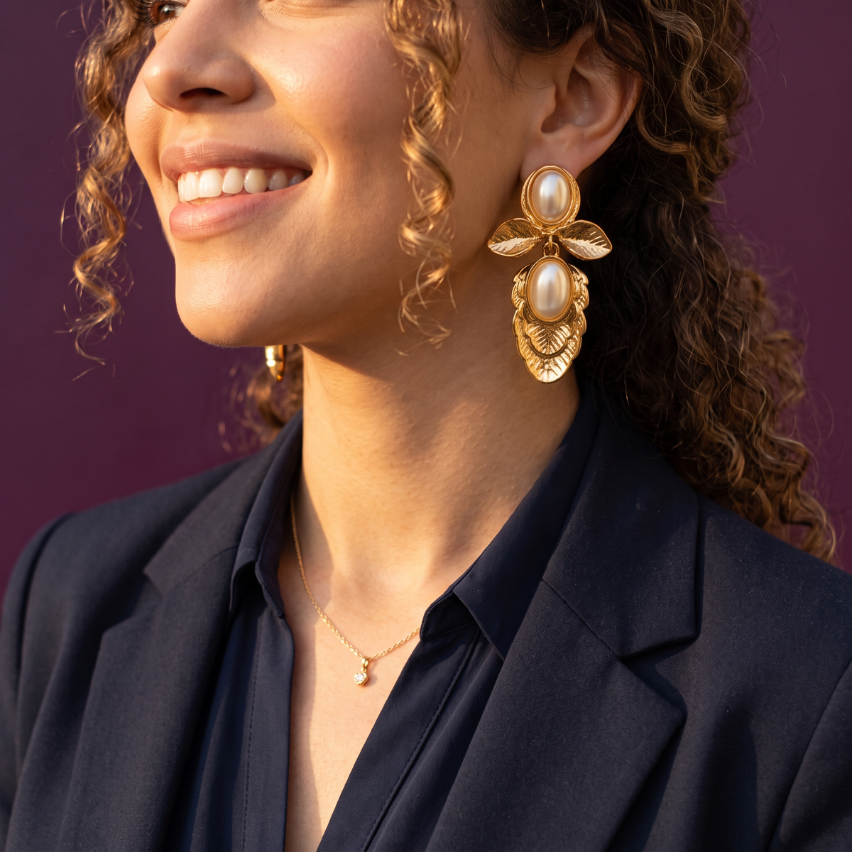 Gold Leaf Drop Earrings with Oval Pearls | S.W.ANJ