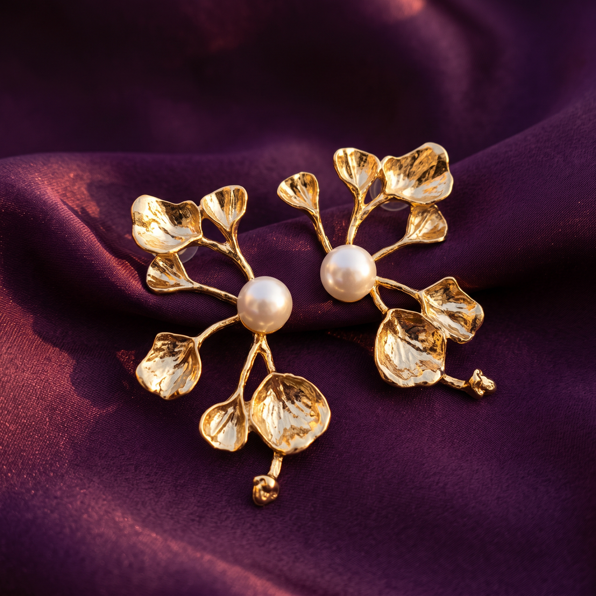Gold Leaf Branch Earrings with Pearl | S.W.ANJ