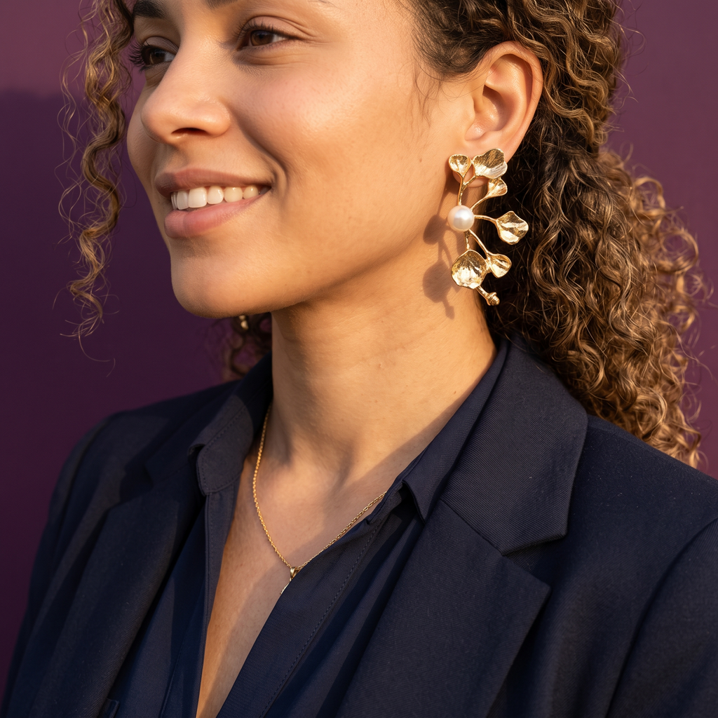Gold Leaf Branch Earrings with Pearl | S.W.ANJ