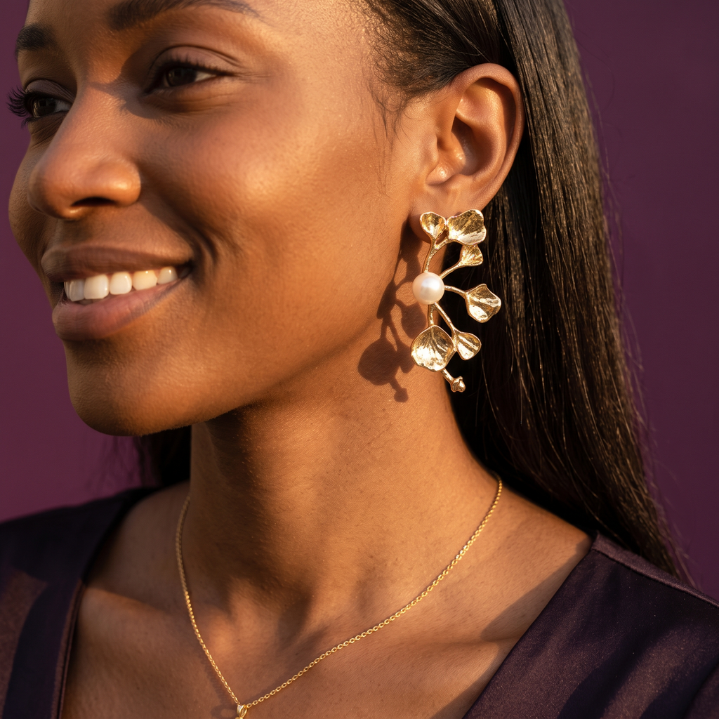 Gold Leaf Branch Earrings with Pearl | S.W.ANJ
