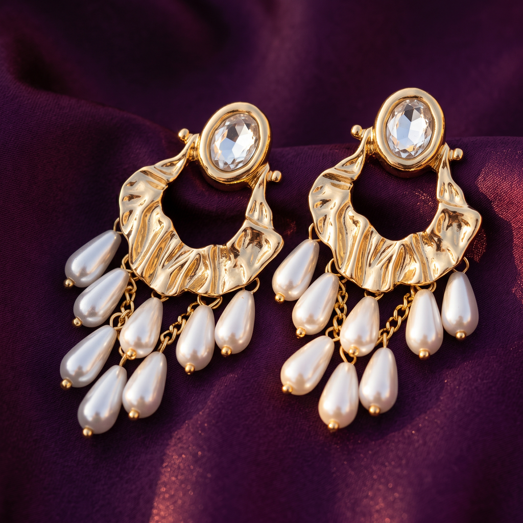 Gold Pearl Fringe Chandelier Earrings with Crystal Top | S.W.ANJ