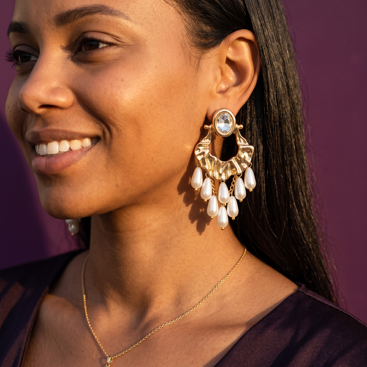 Gold Pearl Fringe Chandelier Earrings with Crystal Top | S.W.ANJ