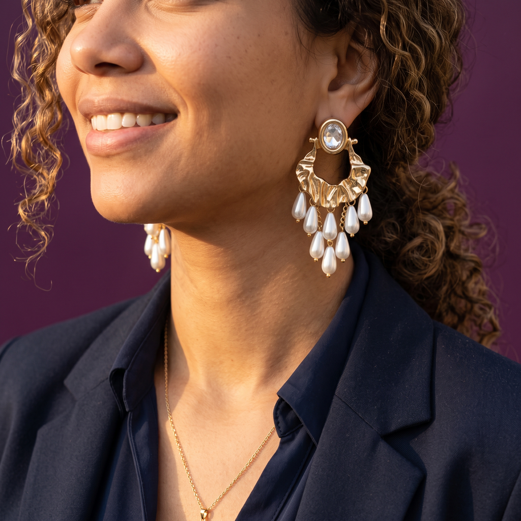 Gold Pearl Fringe Chandelier Earrings with Crystal Top | S.W.ANJ
