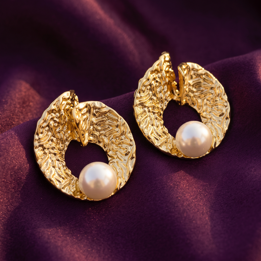 Gold Molten Oval Earrings with Pearl | S.W.ANJ