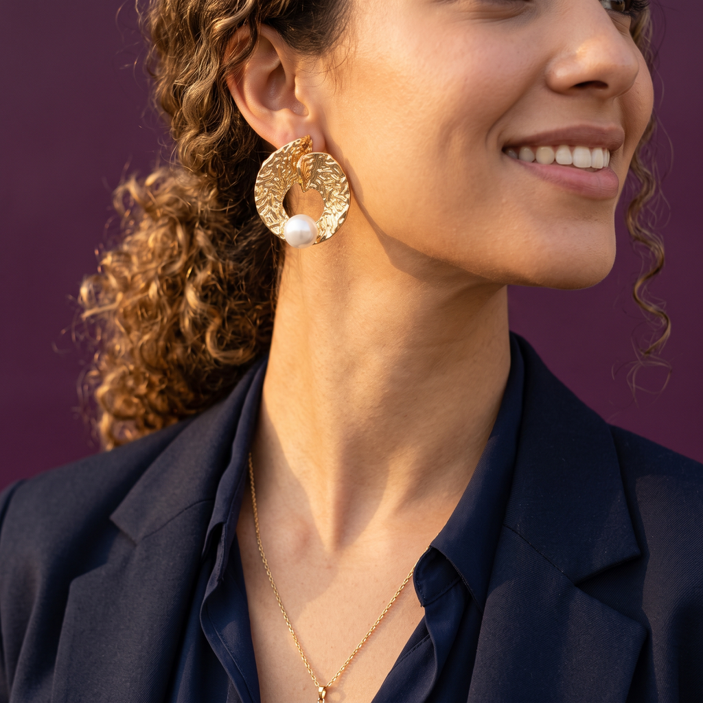 Gold Molten Oval Earrings with Pearl | S.W.ANJ