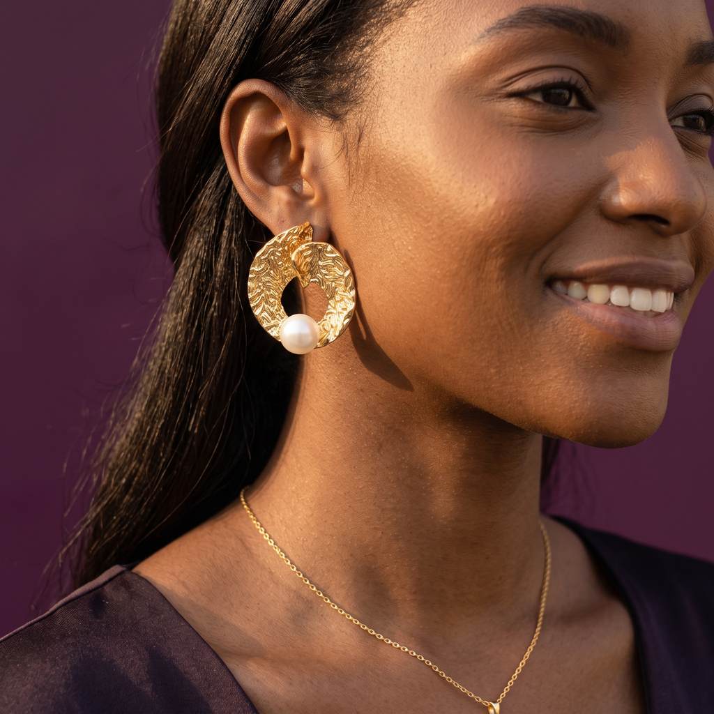 Gold Molten Oval Earrings with Pearl | S.W.ANJ