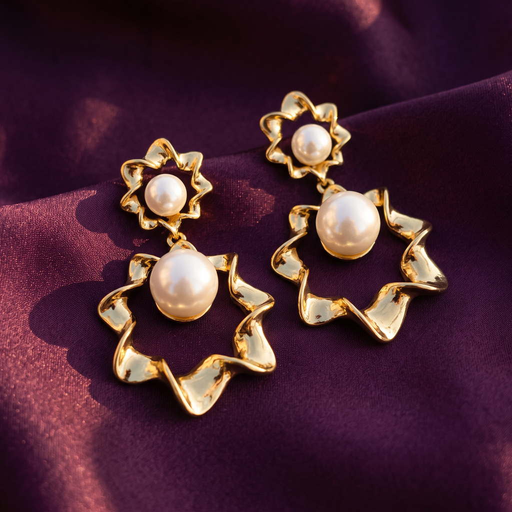 Gold Flower Drop Earrings with Pearls | S.W.ANJ