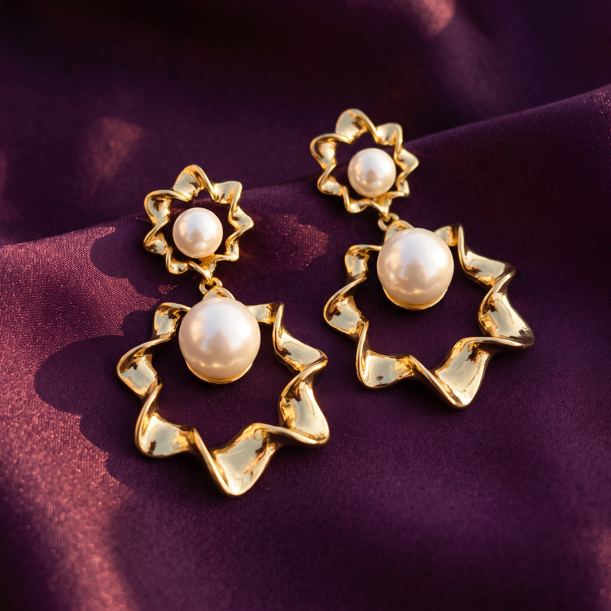 Gold Flower Drop Earrings with Pearls | S.W.ANJ
