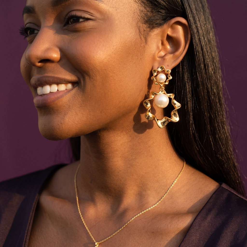Gold Flower Drop Earrings with Pearls | S.W.ANJ