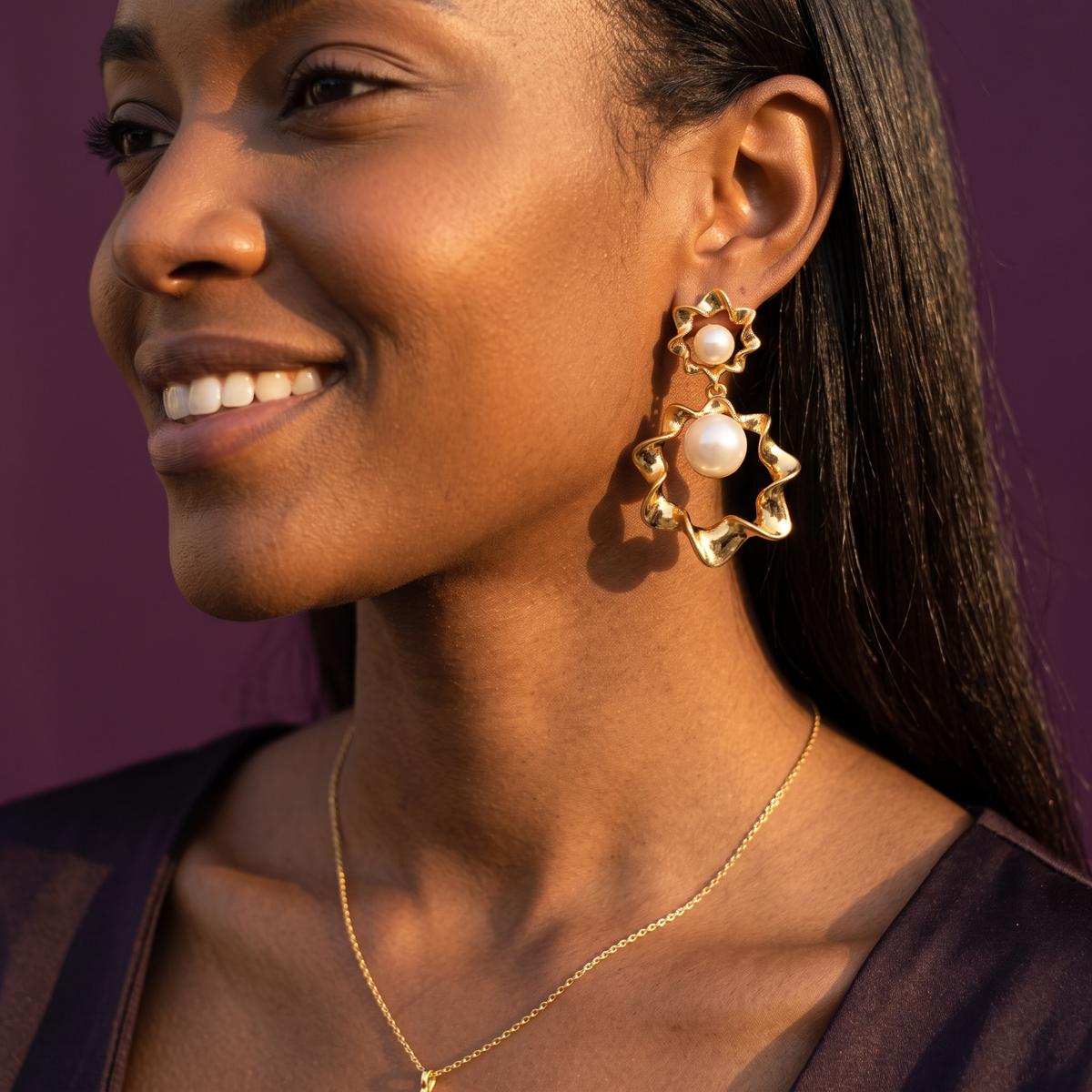 Gold Flower Drop Earrings with Pearls | S.W.ANJ