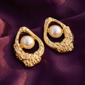 Gold Molten Teardrop Stud Earrings with Pearl | S.W.ANJ