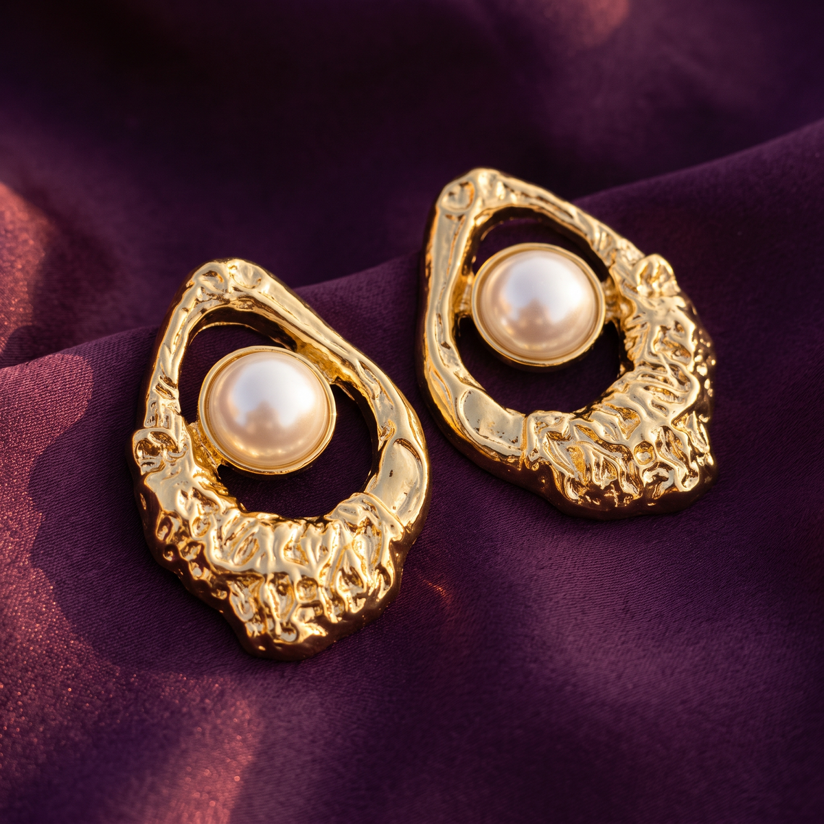 Gold Molten Teardrop Stud Earrings with Pearl | S.W.ANJ