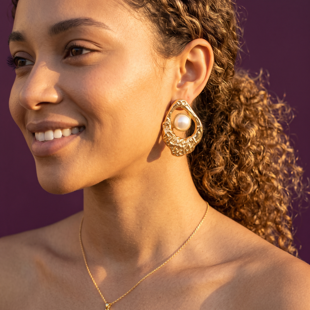 Gold Molten Teardrop Stud Earrings with Pearl | S.W.ANJ