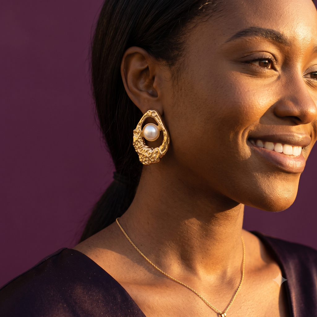 Gold Molten Teardrop Stud Earrings with Pearl | S.W.ANJ