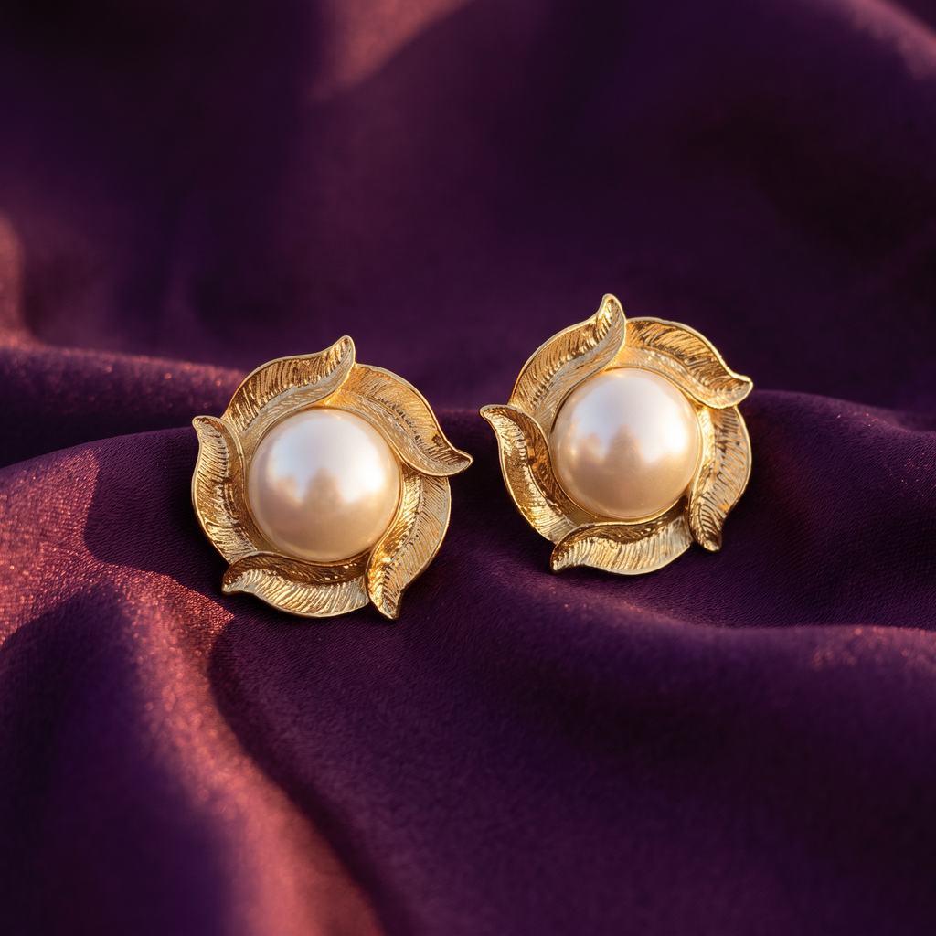 Gold Petal Frame Pearl Stud Earrings | S.W.ANJ