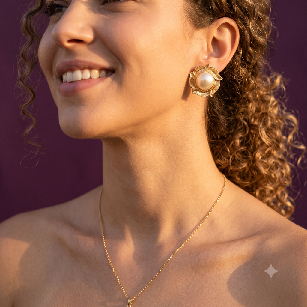 Gold Petal Frame Pearl Stud Earrings | S.W.ANJ