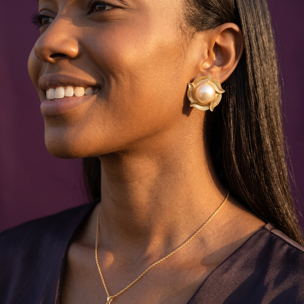 Gold Petal Frame Pearl Stud Earrings | S.W.ANJ