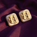 Gold Hammered Square Stud Earrings with Pearl Border | S.W.ANJ