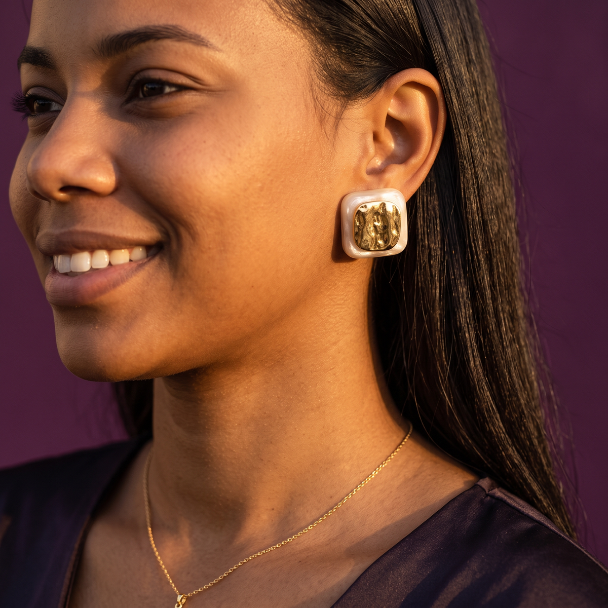 Gold Hammered Square Stud Earrings with Pearl Border | S.W.ANJ