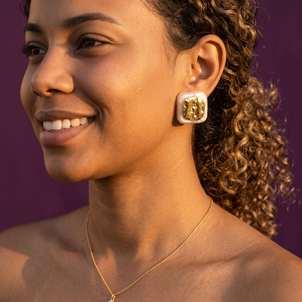 Gold Hammered Square Stud Earrings with Pearl Border | S.W.ANJ