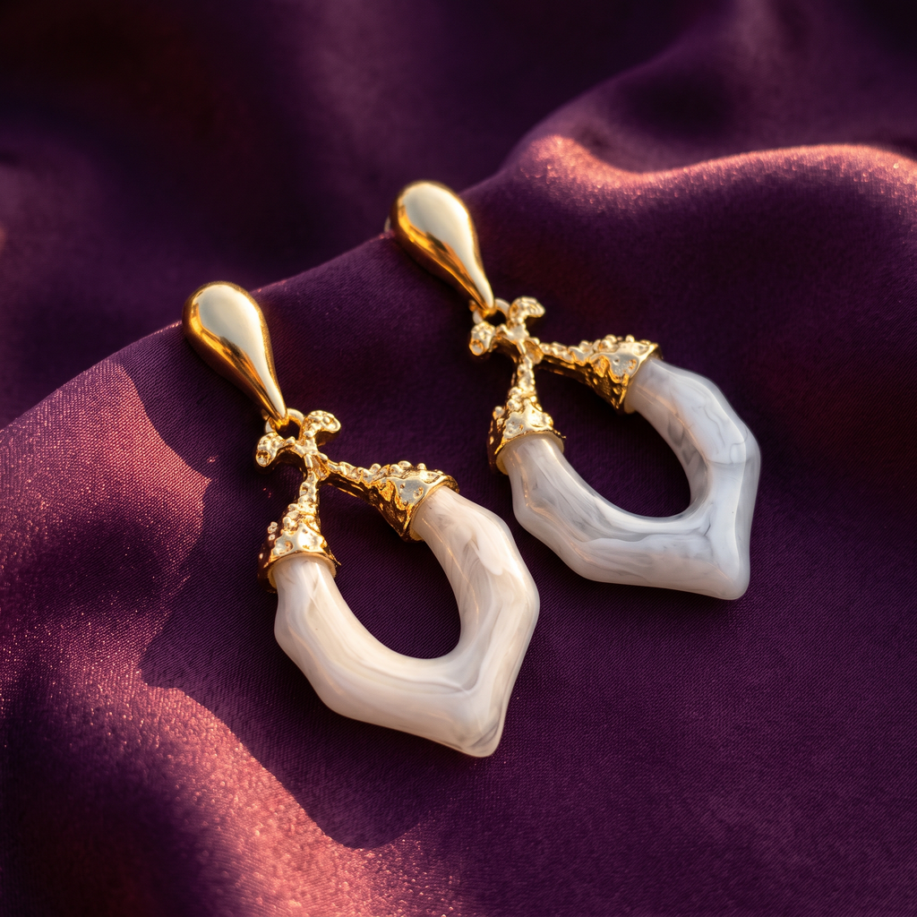 White Ceramic Open Drop Earrings with Gold Teardrop Top | S.W.ANJ