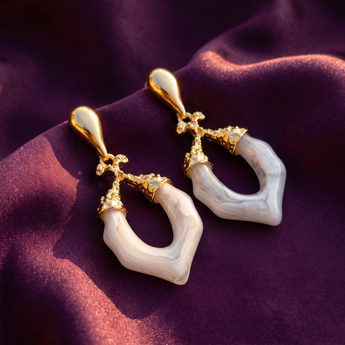 White Ceramic Open Drop Earrings with Gold Teardrop Top | S.W.ANJ